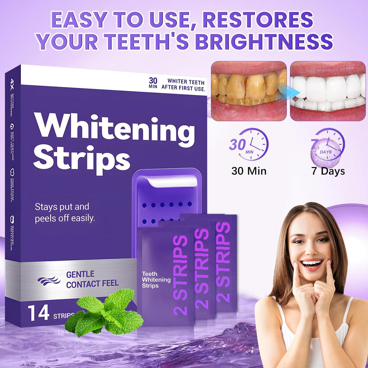Purple Teeth Whitening Strips,Purple Whitening Strips,Gentle Surface Stain Reduction & Natural Shine, Portable Whitening Strips Purple for Home or Travel(2Pcs)