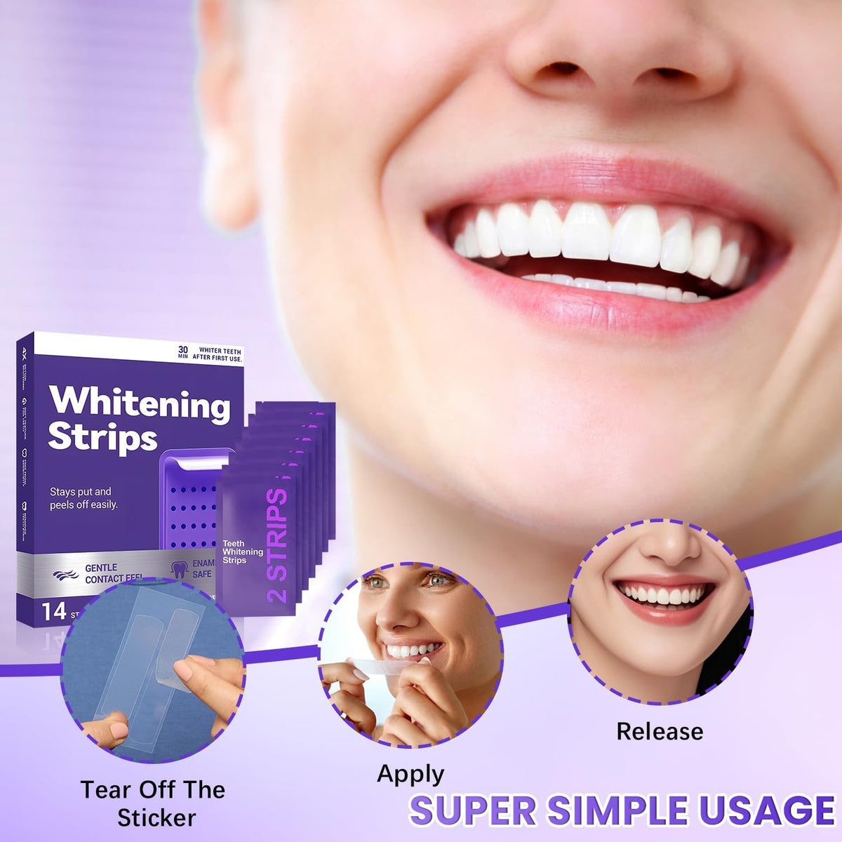Purple Teeth Whitening Strips,Purple Whitening Strips,Gentle Surface Stain Reduction & Natural Shine, Portable Whitening Strips Purple for Home or Travel(2Pcs)